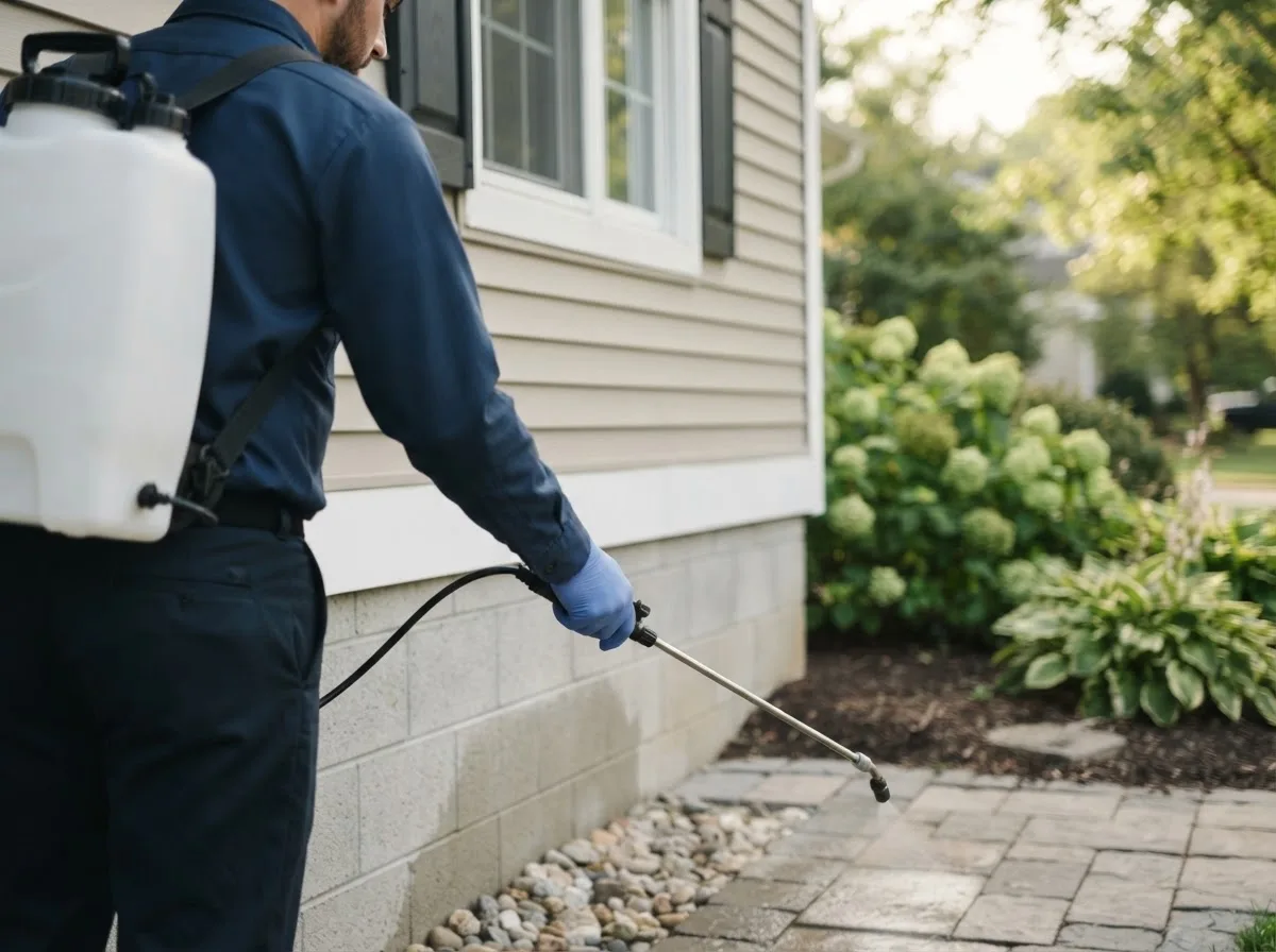 Pest control technician inspecting a home in Greenwood, NE